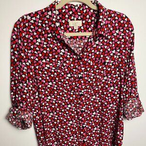 LOFT Love Hearts Hearts Hearts! ButtonDown Blouse Black Red Pink White - Sz M